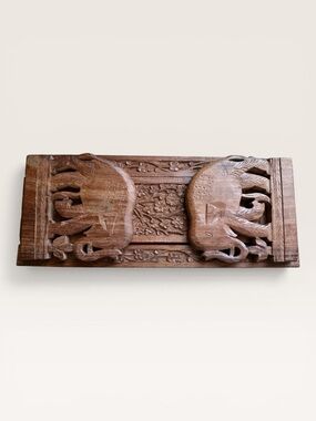 Vintage Hand Carved Elephant & Floral Expandable Book Ends - Trunks Up